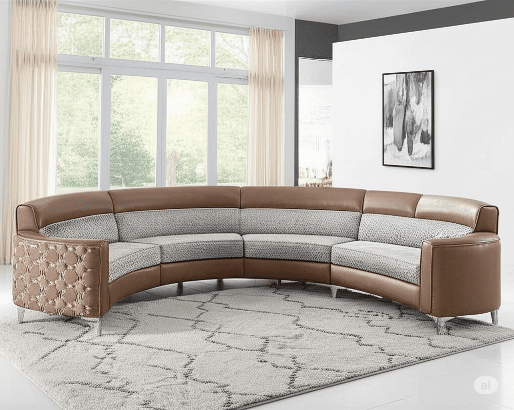Modern Living Room Design with Brown Curved Sofa and Minimalist Decor 