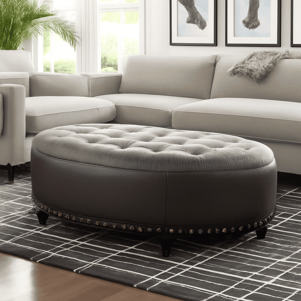 Elegant Living Room Design with Grey Sofa and Tufted Ottoman