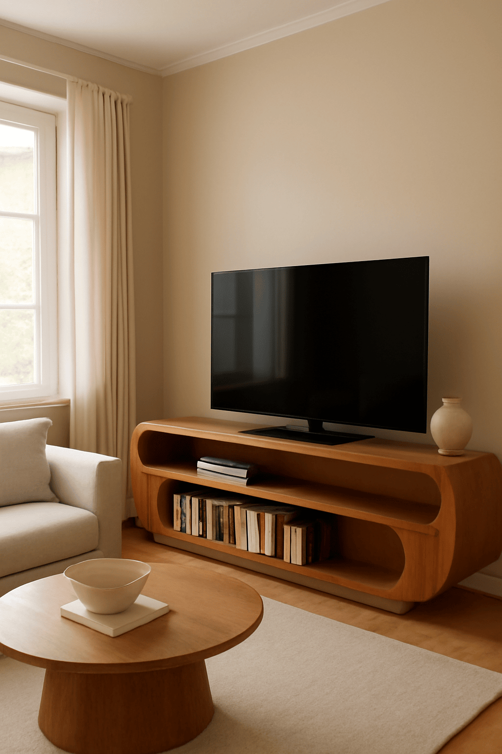 Minimalist Living Room Design with Cream Sofa and Wooden TV Stand