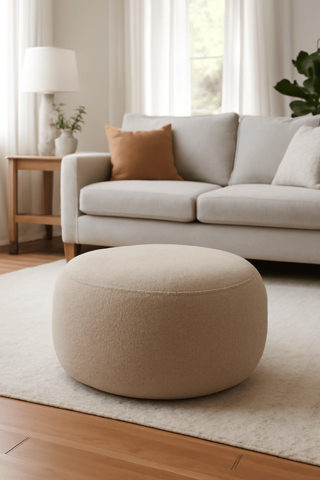 Minimalist Living Room Design with Cream Sofa and Beige Ottoman