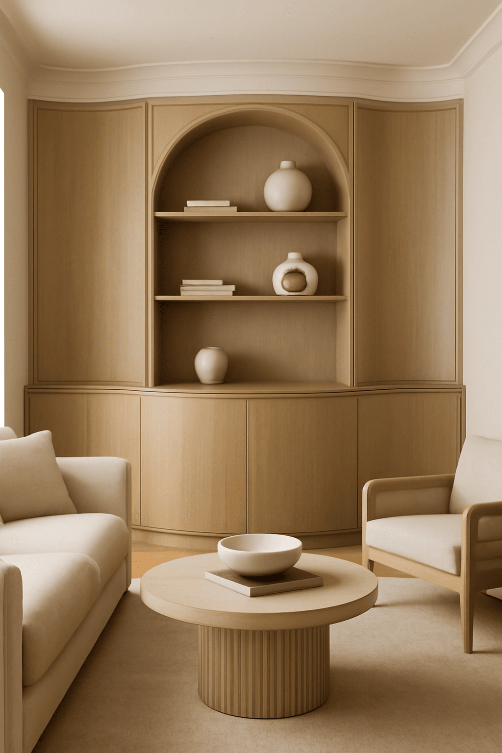 Scandinavian Living Room Design with Beige Sofa and Wooden Bookshelf