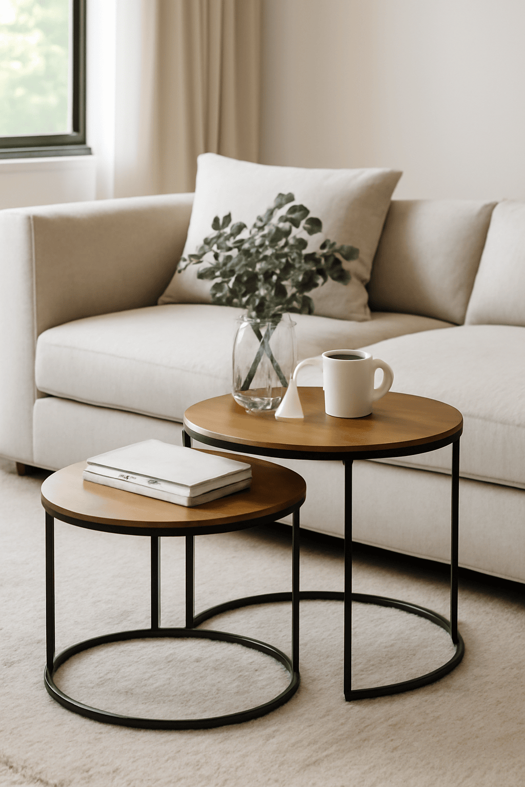 Minimalist Living Room Design with Cream Sofa and Wooden Coffee Tables