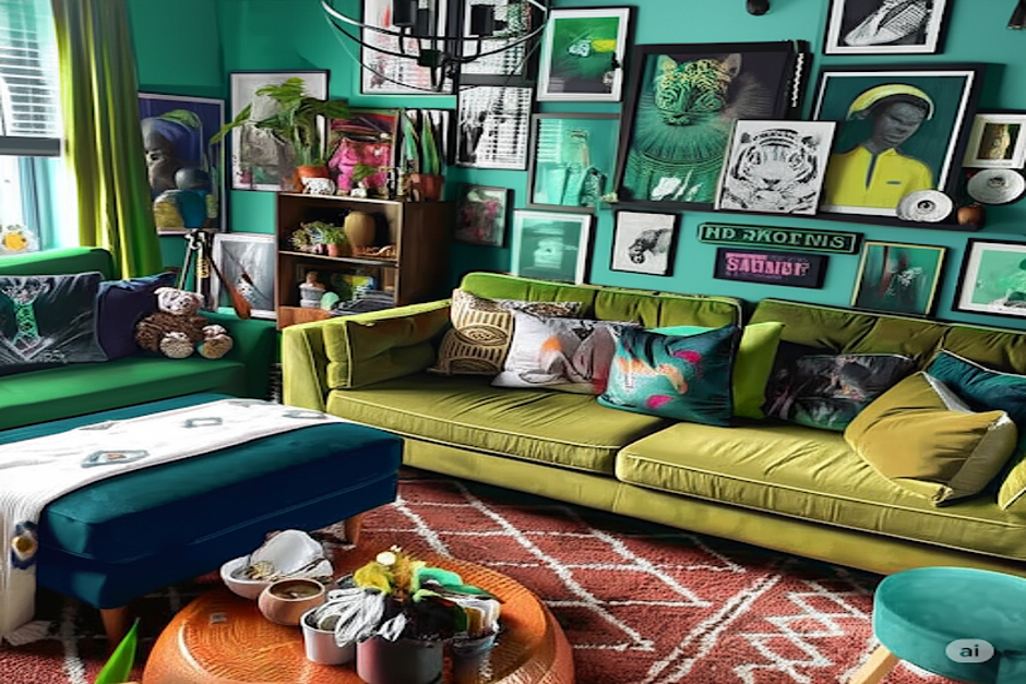 Contemporary Living Room Design with Green Velvet Furniture and Art Wall