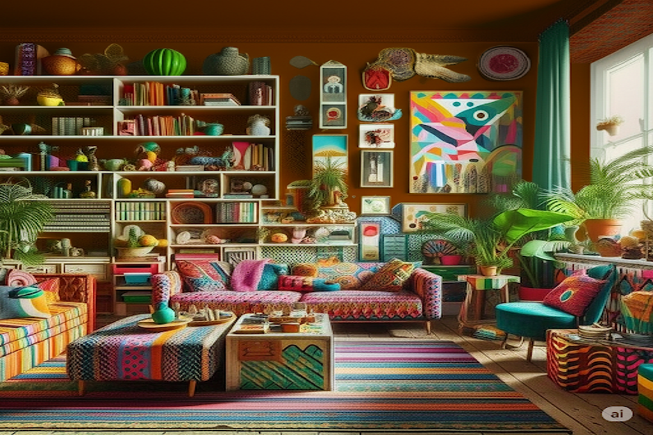 Bohemian Living Room Design with Colourful Furniture and Art-Laden Walls