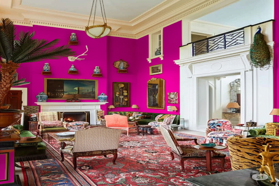 Opulent Living Room Design with Bold Magenta Walls and Vintage Furniture