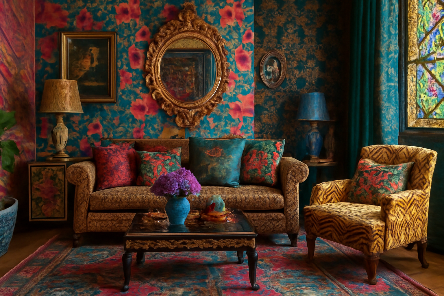 Vintage Living Room Design with Floral Walls and Animal Print Chairs