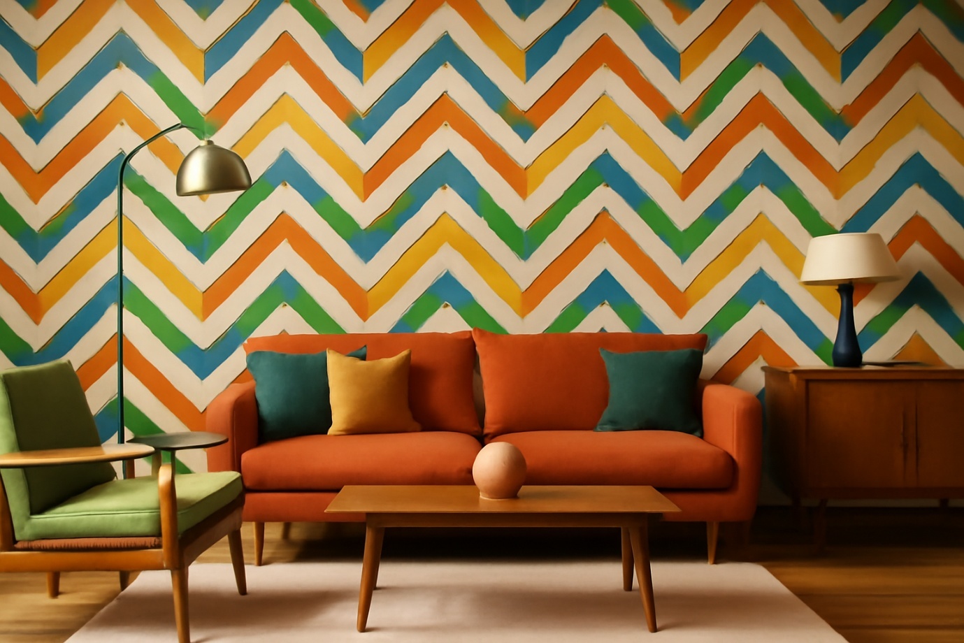 Retro living room with chevron wall pattern, orange sofa, green chair, and modern lighting