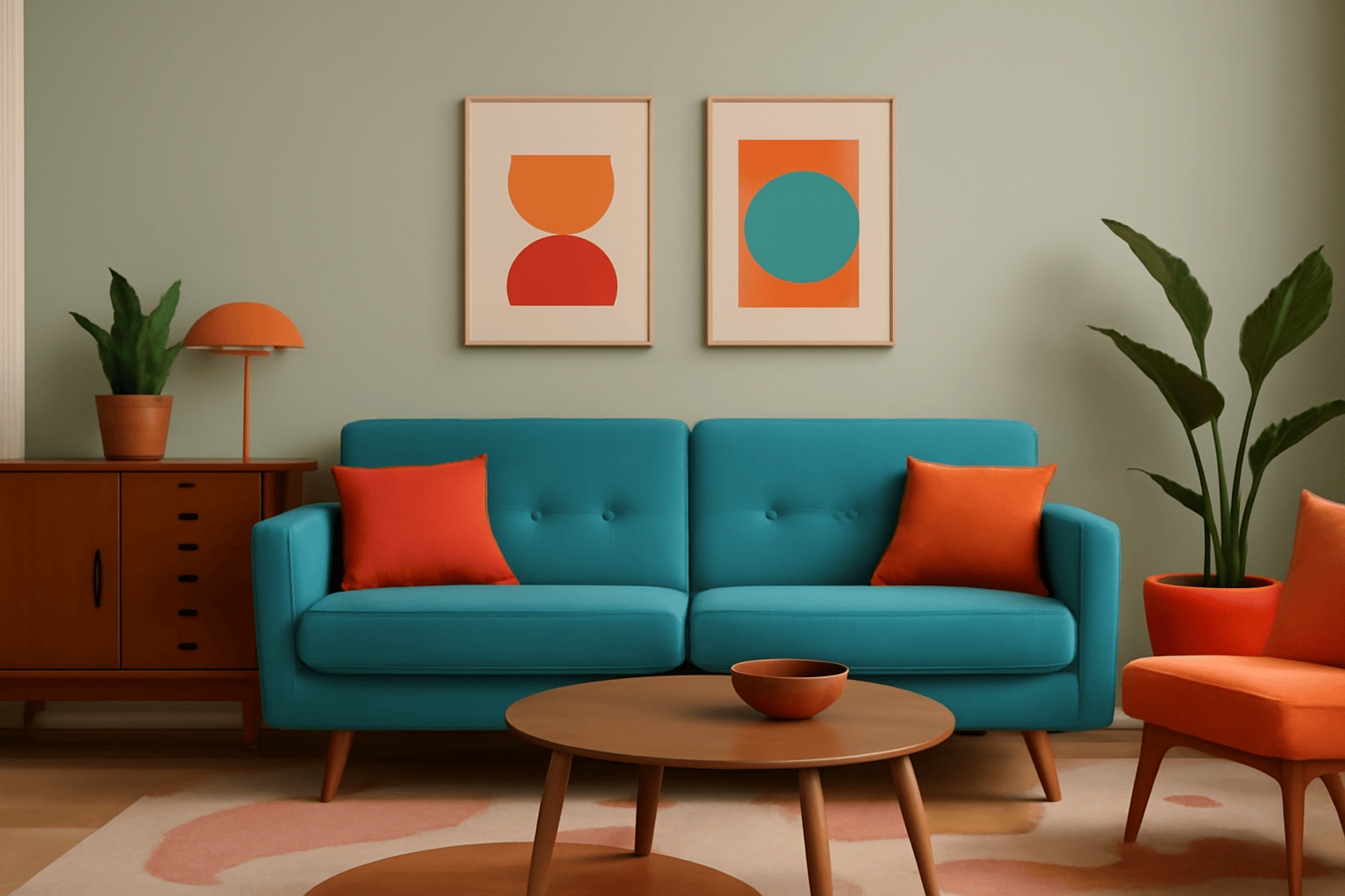 Retro living room with teal sofa, orange accents, geometric prints, and potted plants