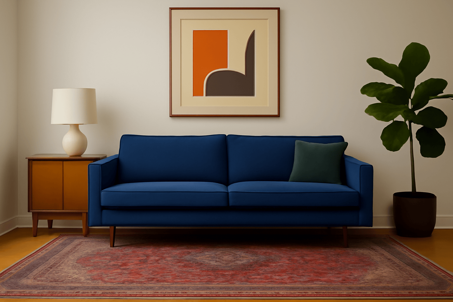 Retro living room, blue sofa, orange artwork, vintage rug, plant