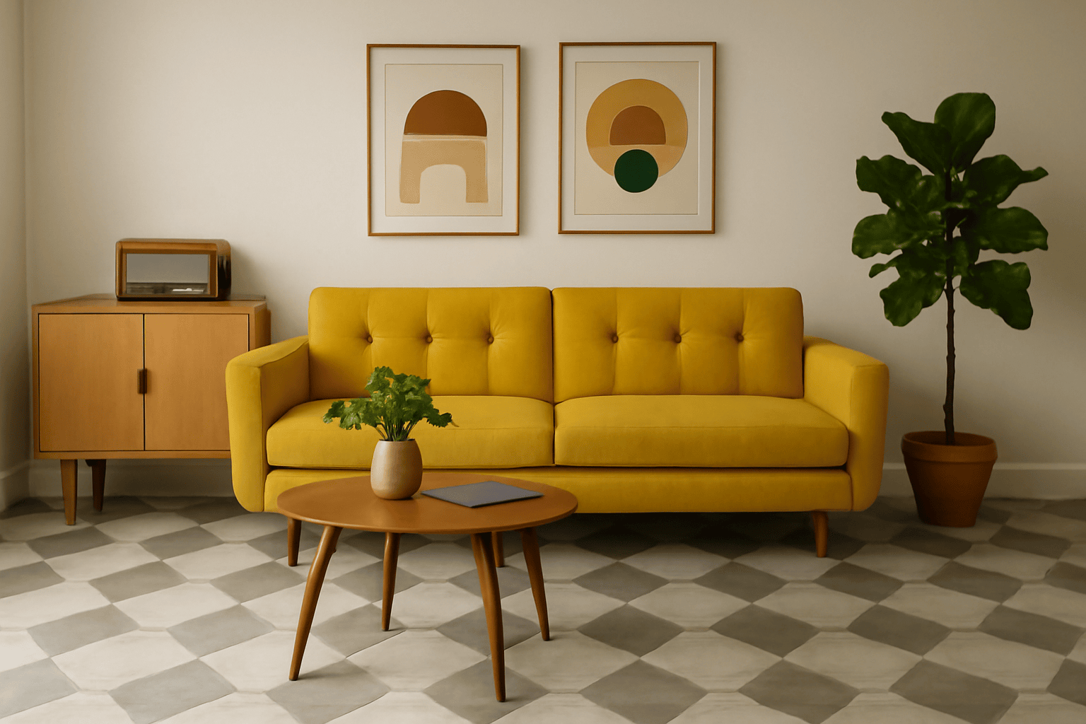 Retro living room, yellow sofa, geometric prints, wooden side table