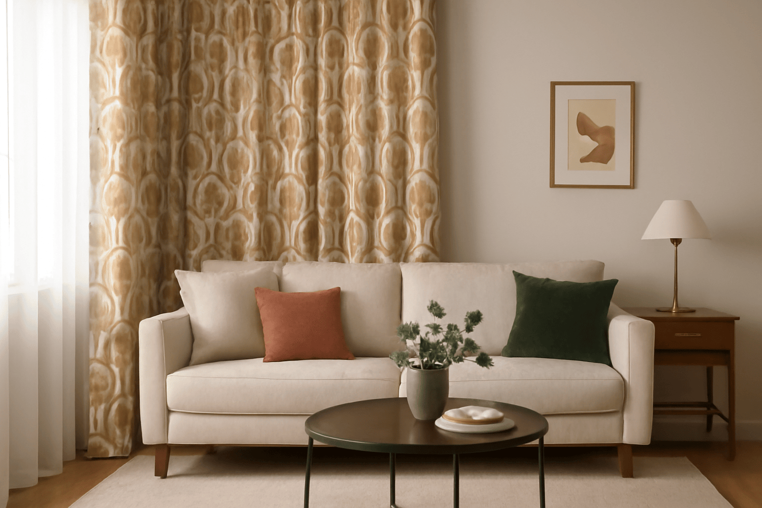 Retro living room, beige sofa, earthy-toned drapes, green and orange pillows, table plant