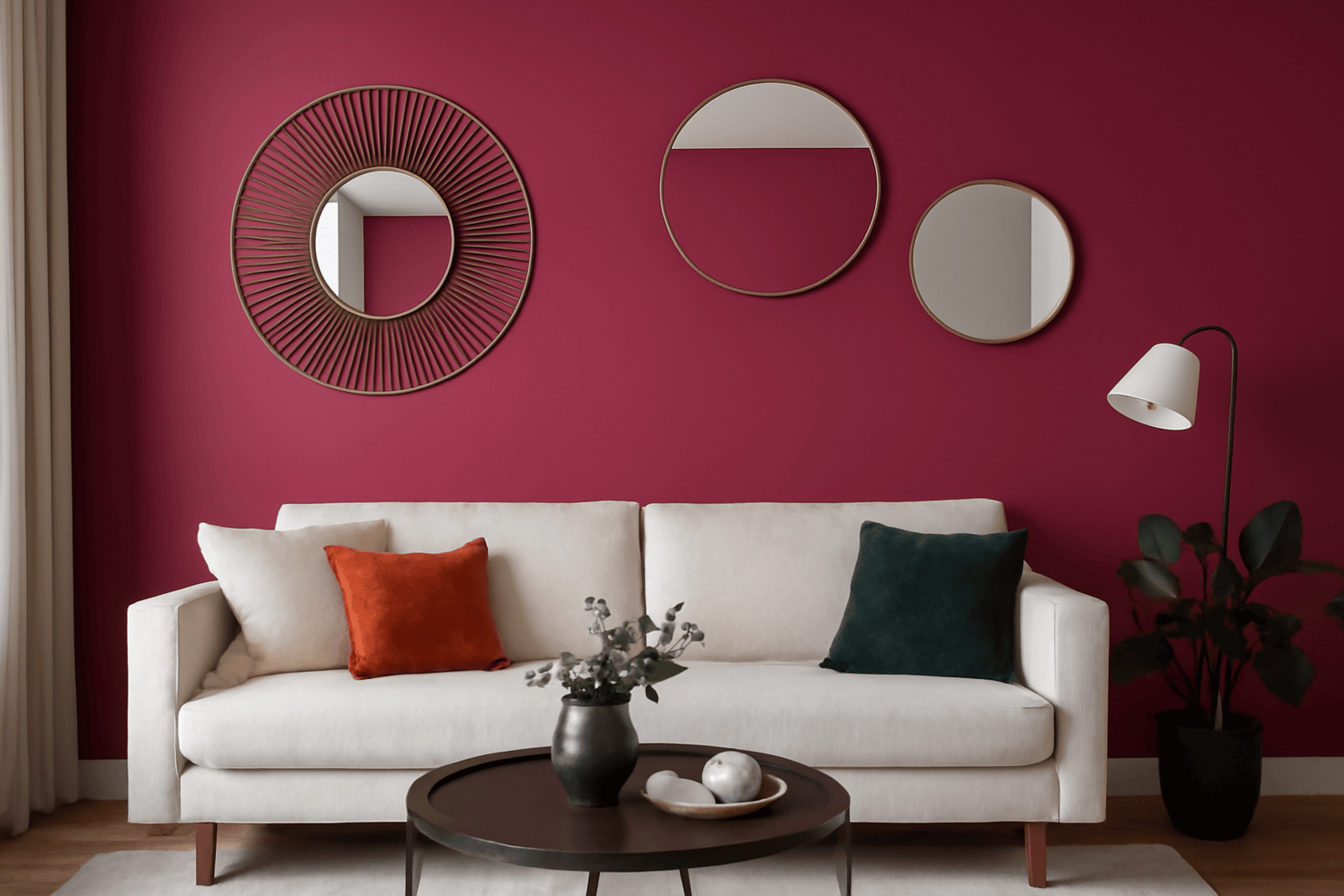 Retro living room, neutral sofa, purple wall, round mirrors, floor lamp