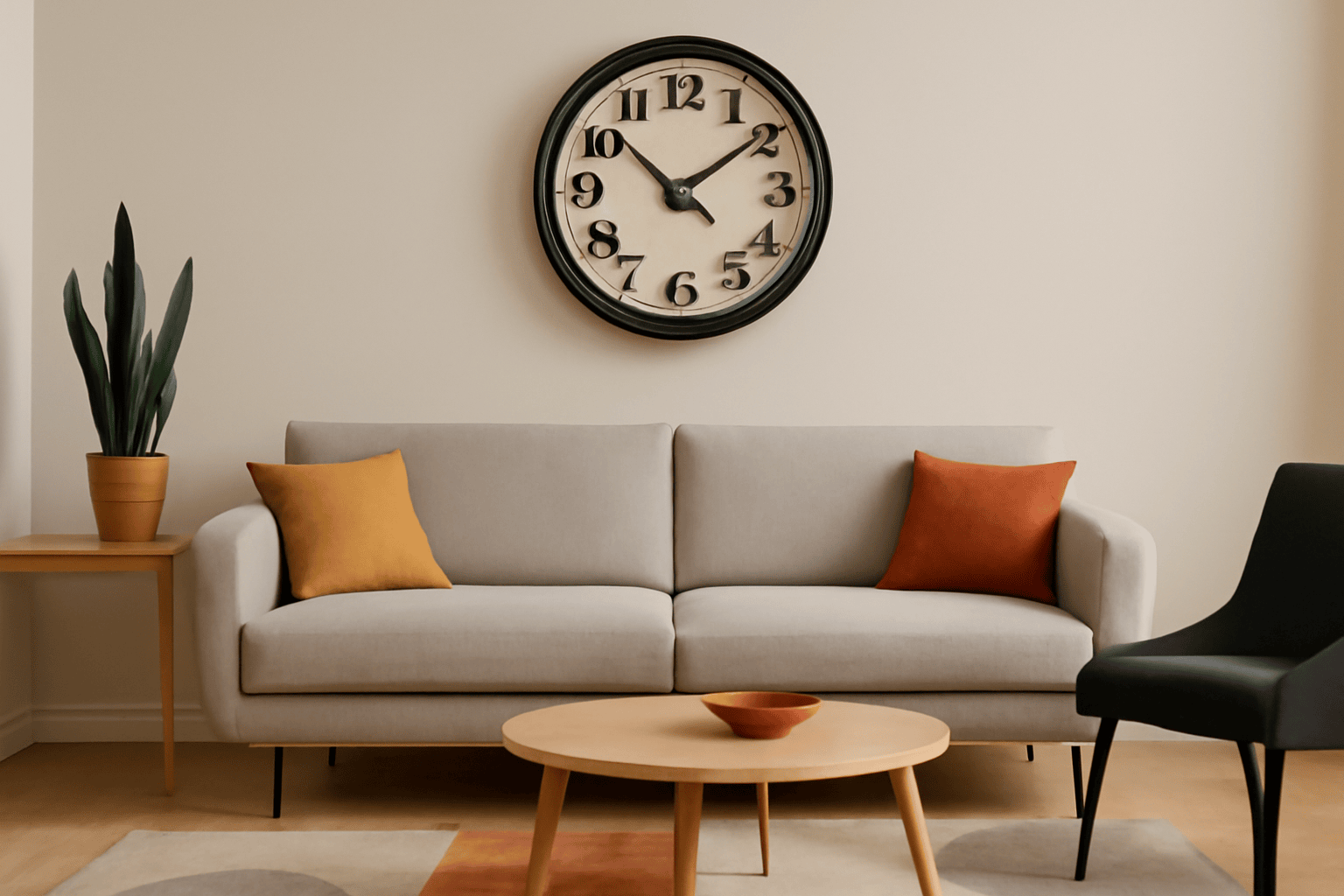 Retro living room, neutral sofa, mustard and orange pillows, large wall clock, plant