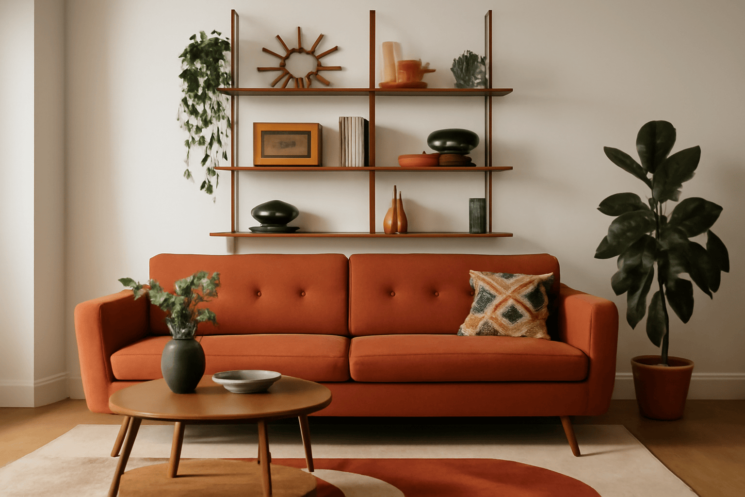 Retro living room, orange sofa, open shelving, patterned throw pillow