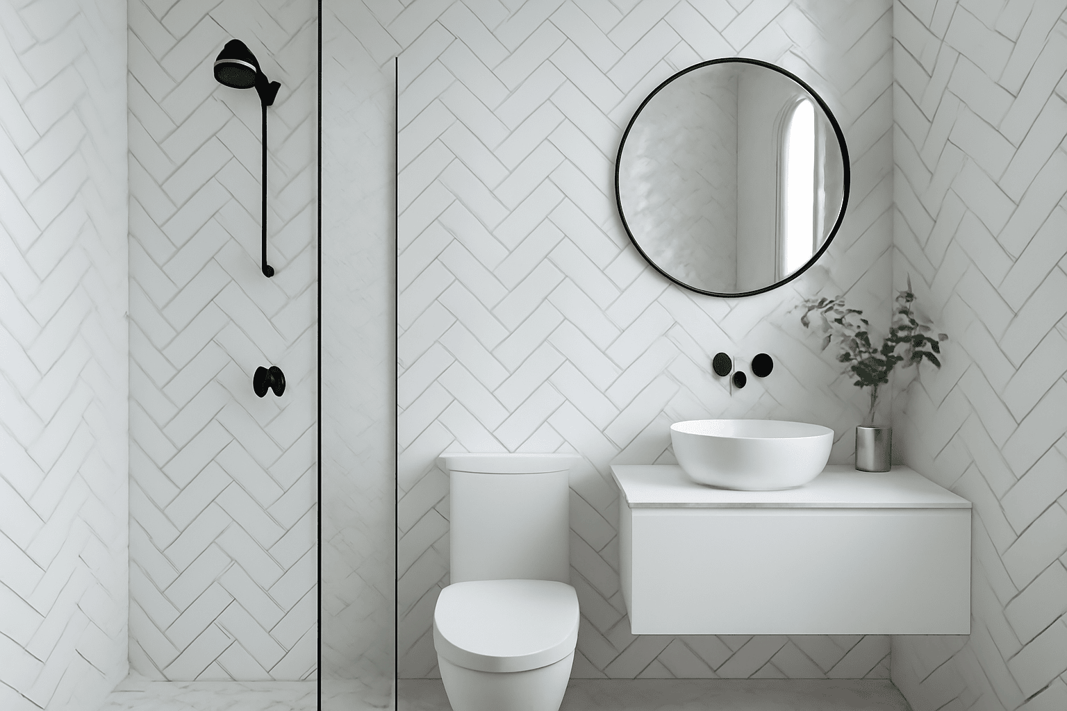 Modern bathroom with herringbone wall pattern, white fixtures, black ,accents, and round mirror