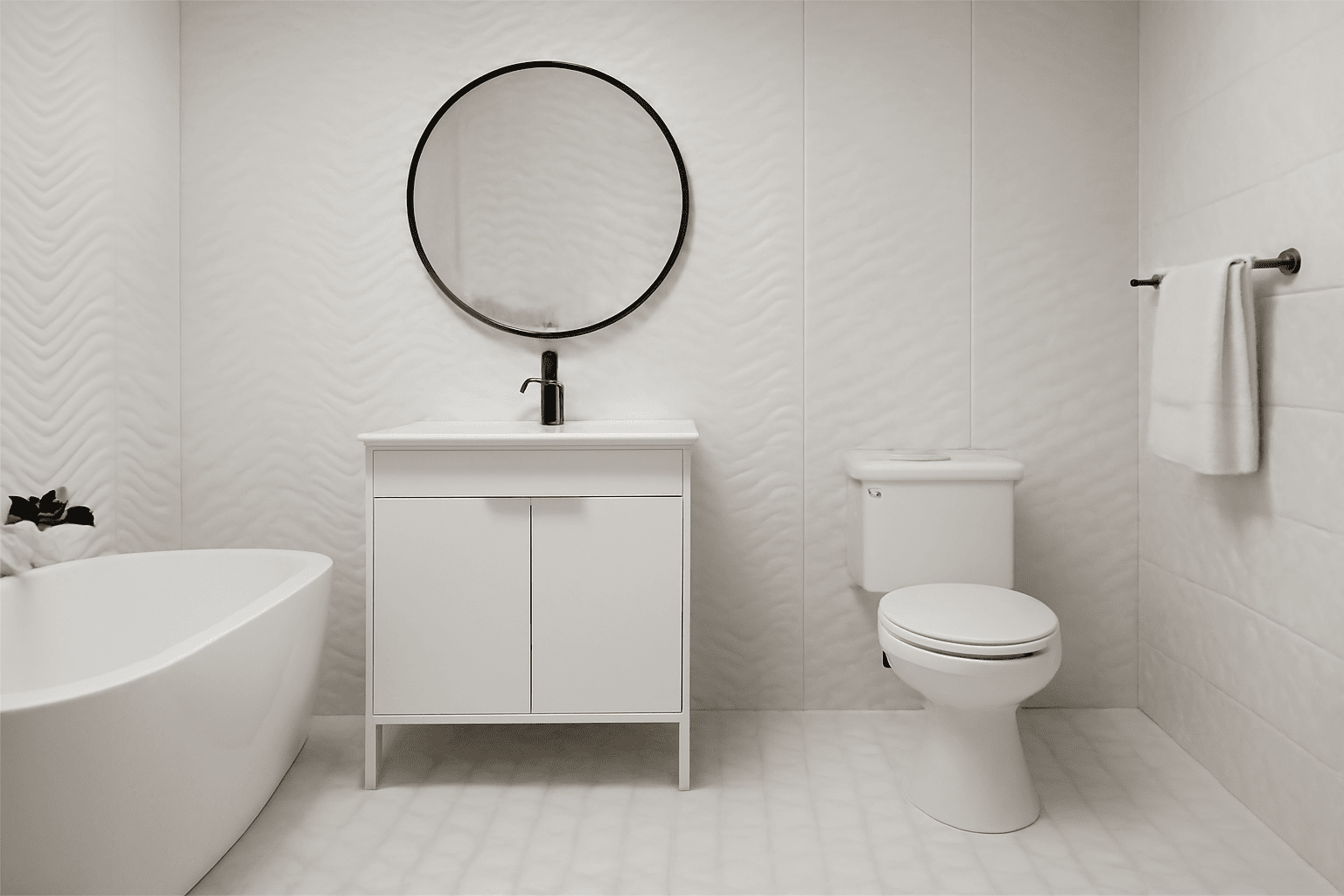 Minimalist bathroom with textured white tiles, modern black faucet, circular mirror, and freestanding bathtub