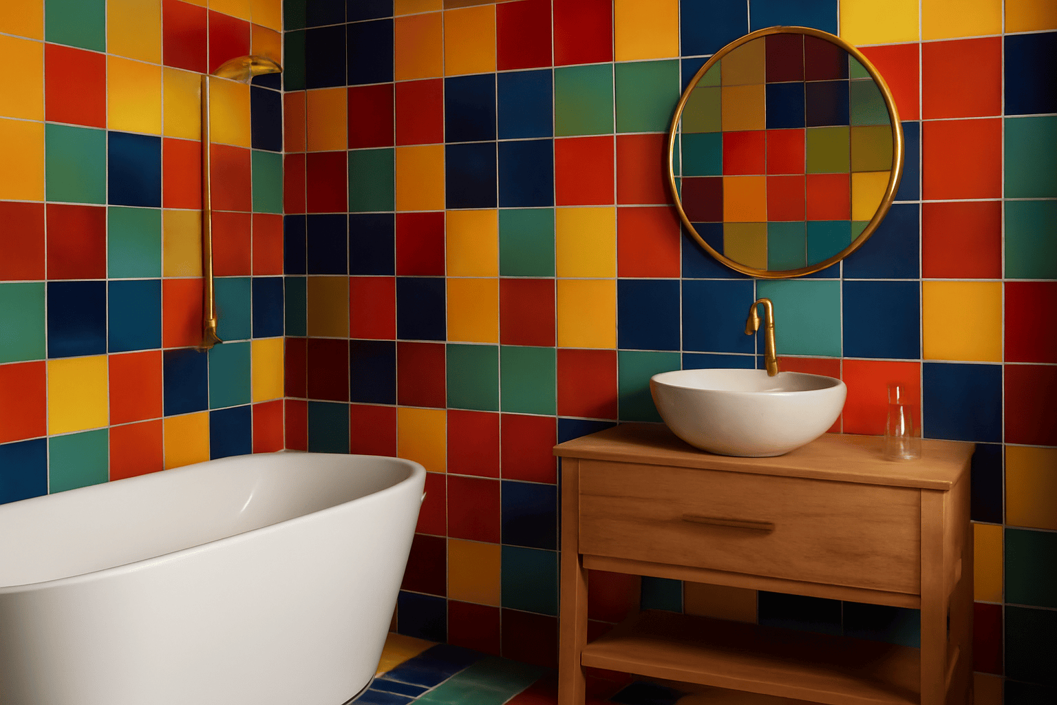 Colourful bathroom with bold geometric tiles, freestanding bathtub, wooden vanity, and gold accents