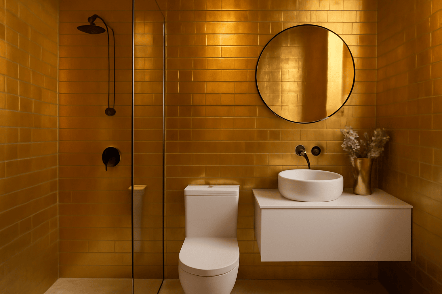  Golden subway tile bathroom with minimalist sink, black fixtures, and circular mirror