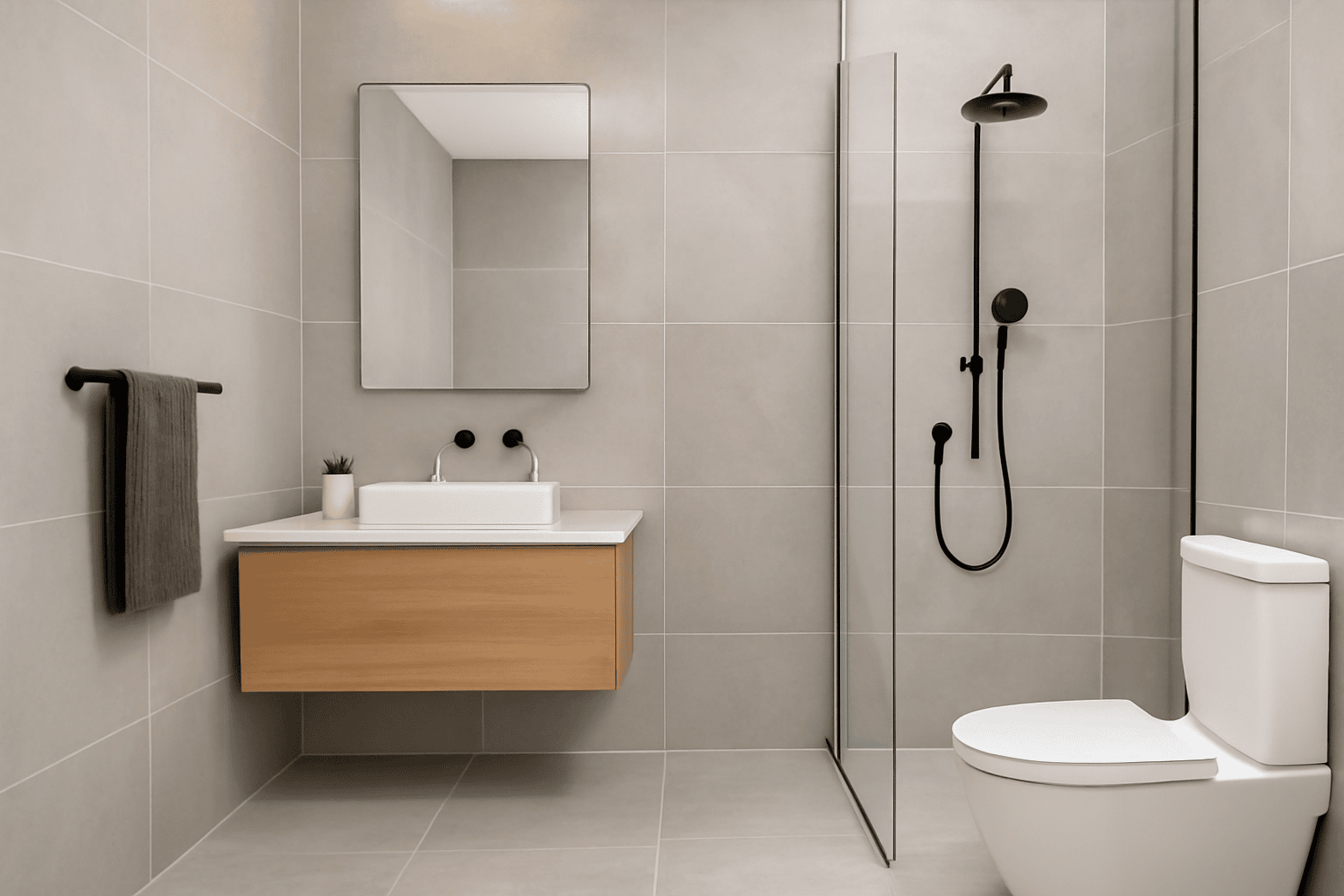Modern bathroom with herringbone wall pattern, white fixtures, black accents, and round mirror