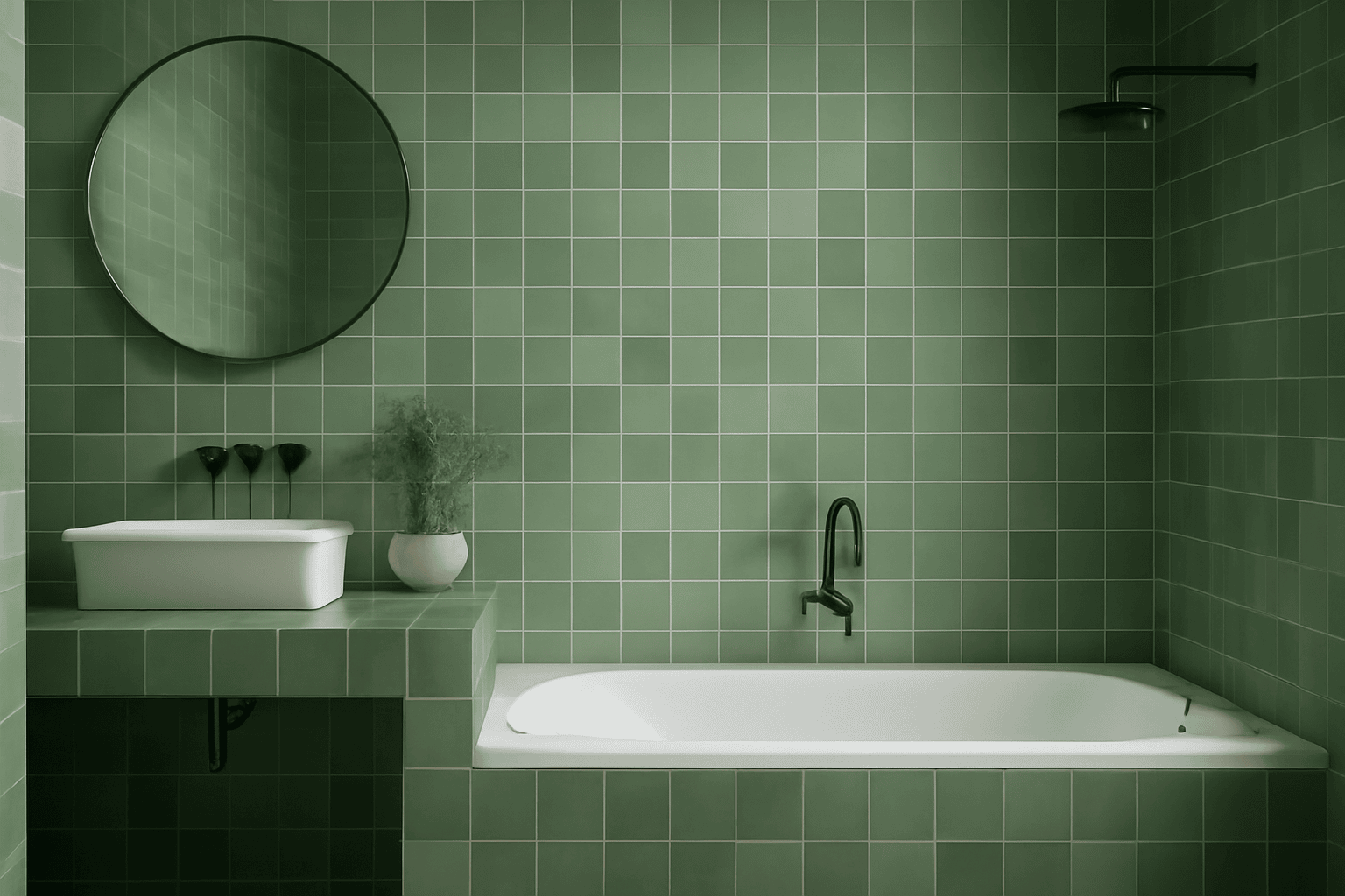 Modern bathroom with green tiles, white bathtub, black fixtures, and round mirror