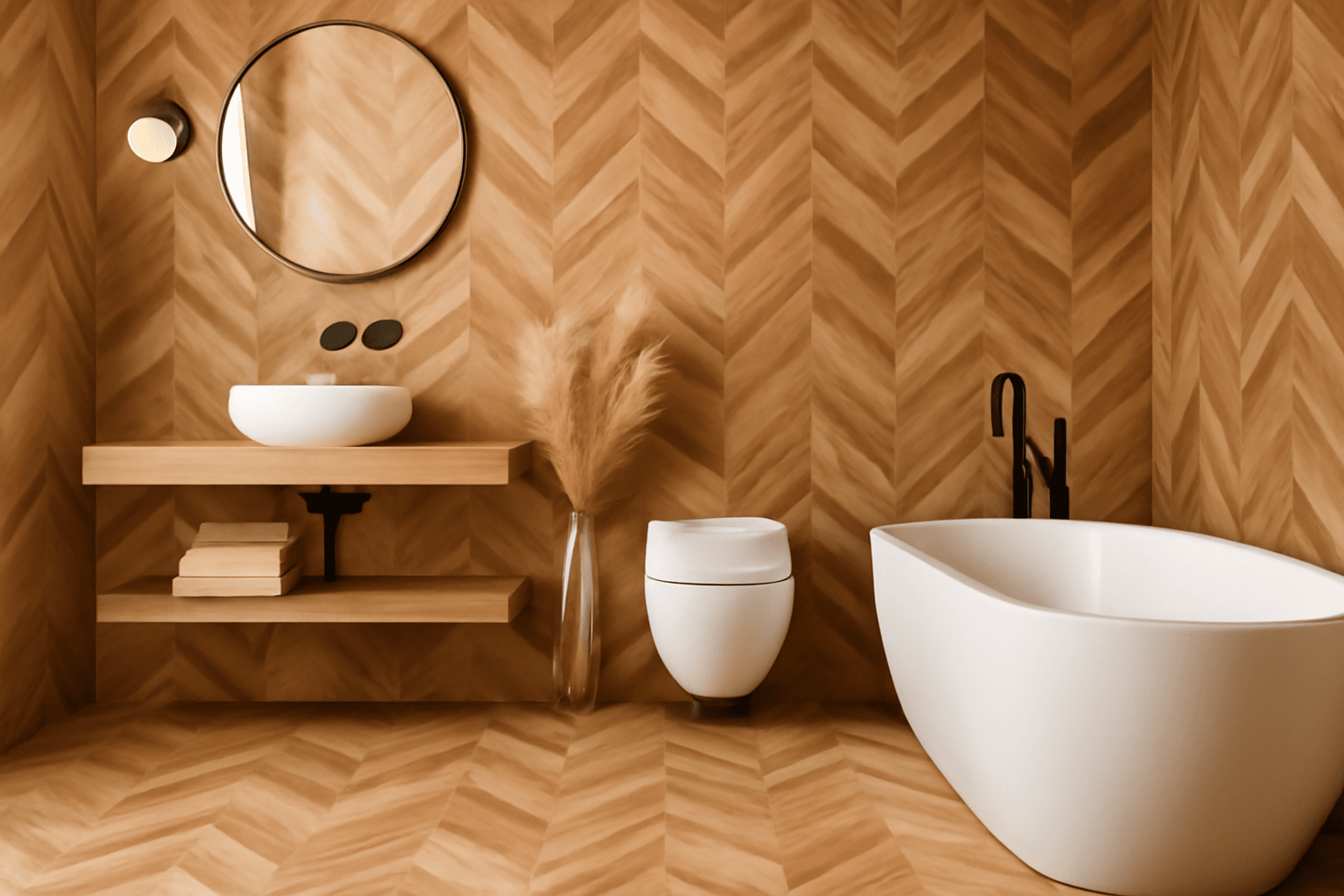 Wood-look herringbone bathroom with white tub, black fixtures, and round mirror