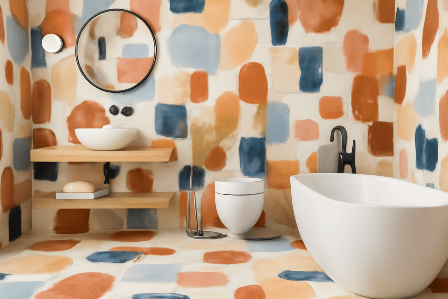 Abstract colourful bathroom with white tub, black fixtures, round mirror, and wood shelf
