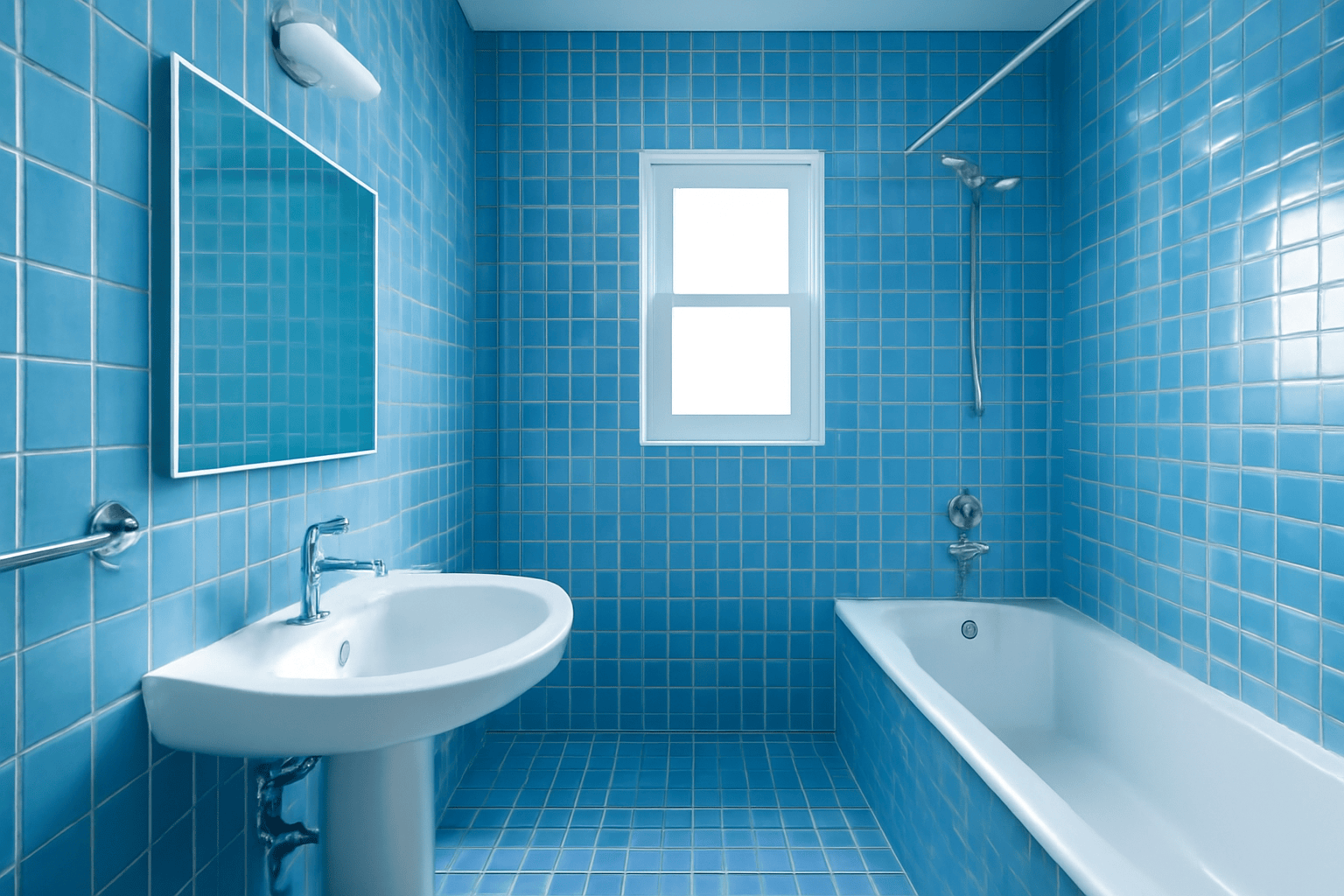 Blue tiled bathroom with white bathtub, mirror, chrome fixtures, and window