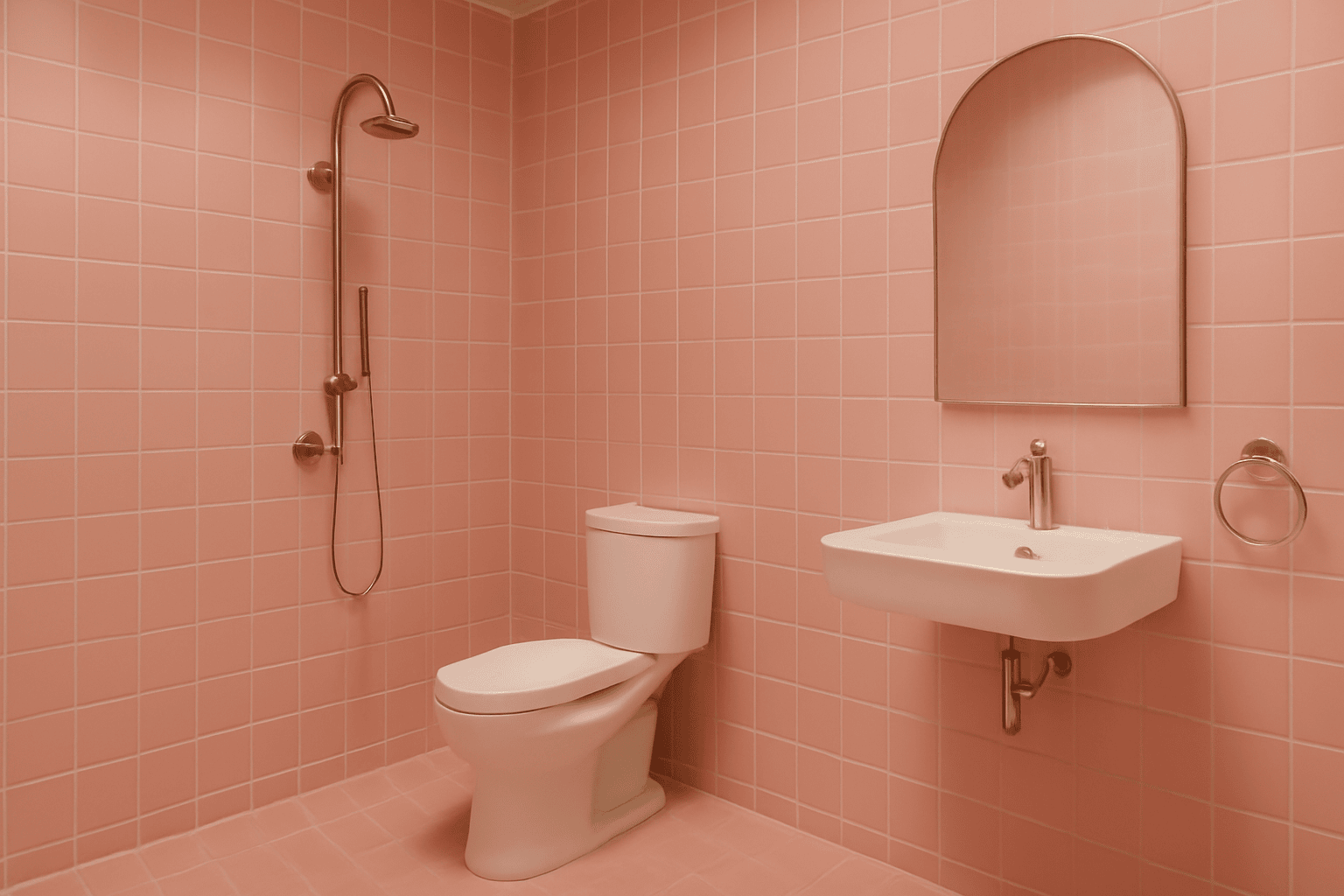  Pink tiled bathroom with gold fixtures, white sink, and shower