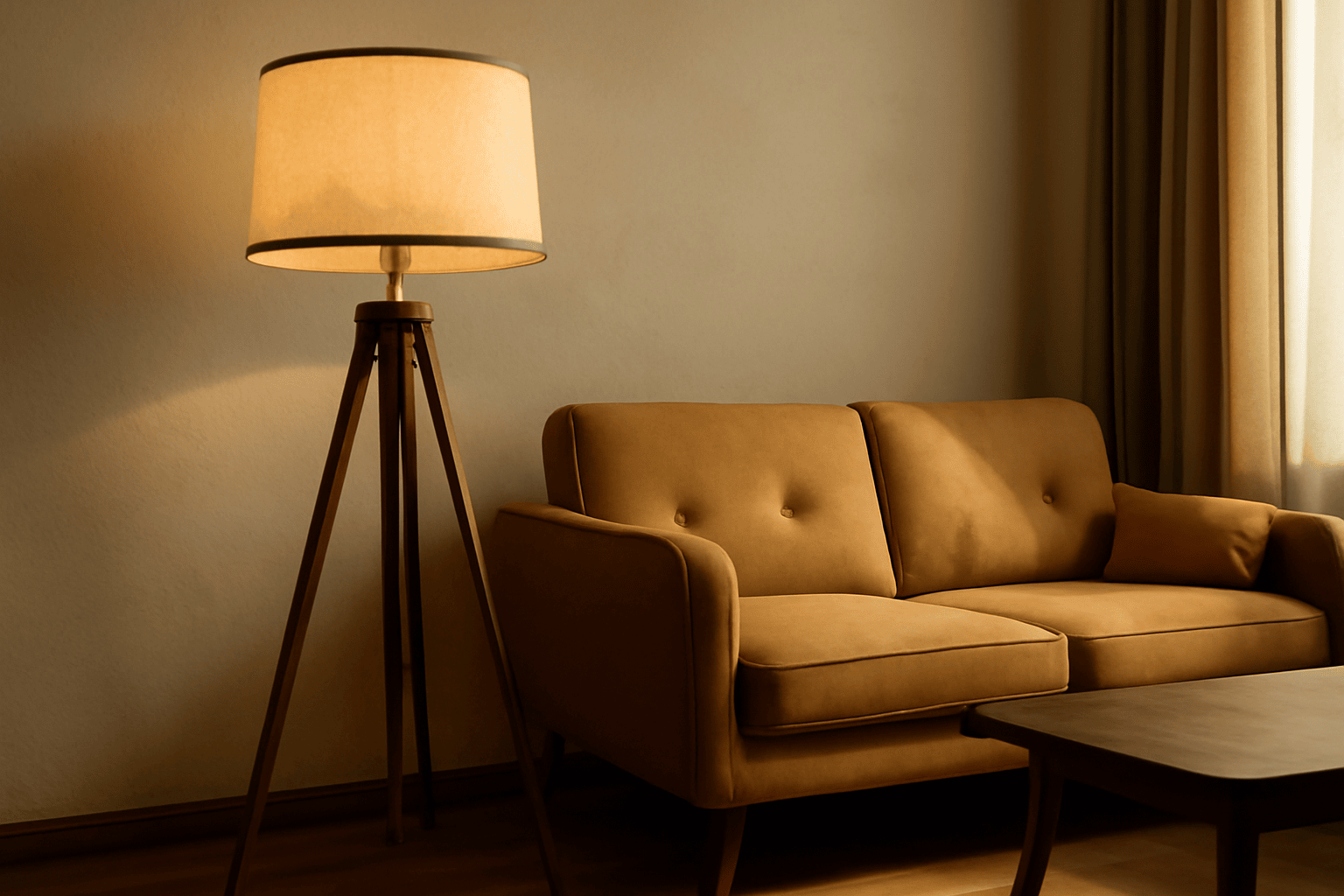 Mid-century modern, tripod lamp, living room, mustard sofa, wooden table, warm lighting