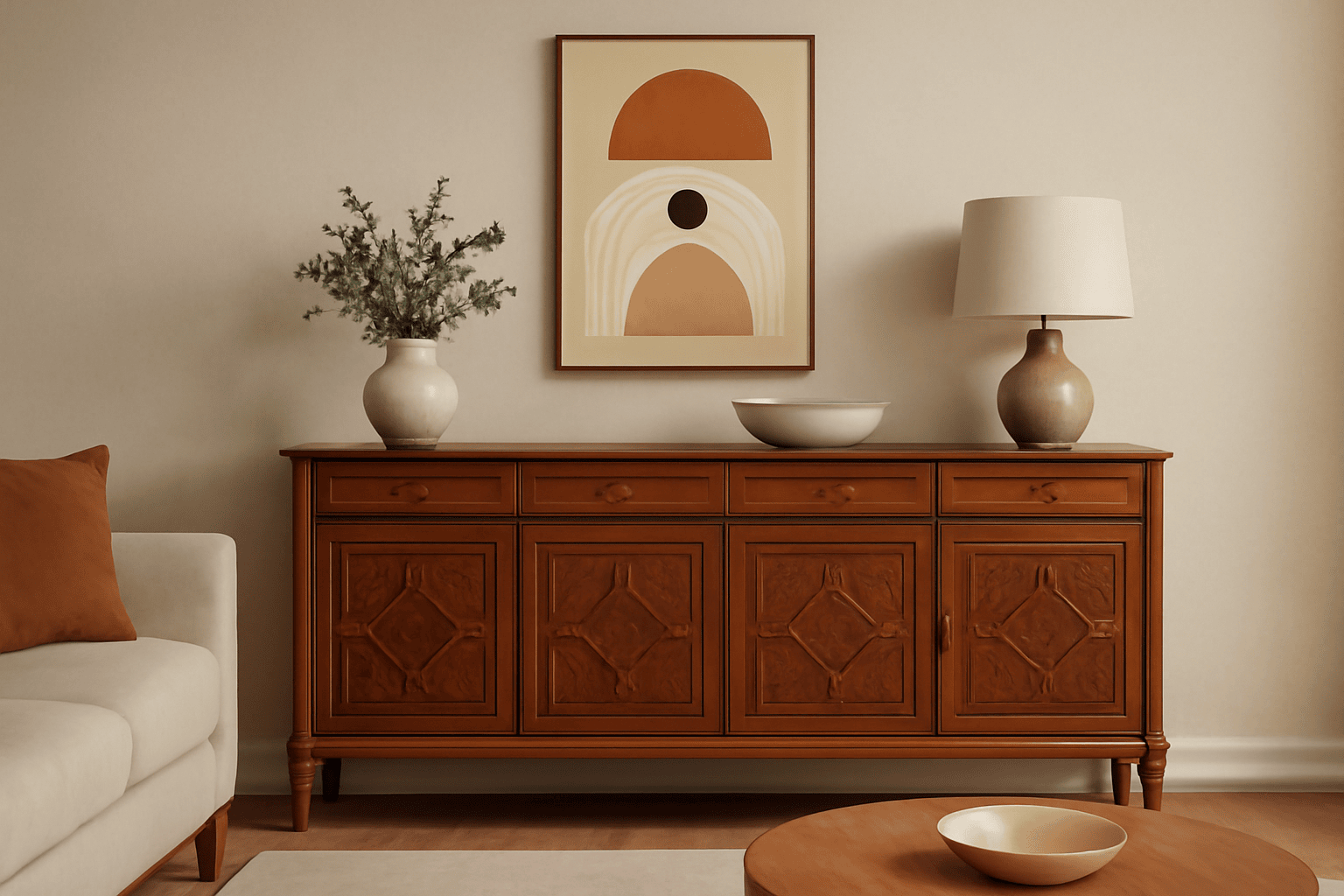 Vintage sideboard, Living room, Walnut wood, Neutral tones, Geometric artwork