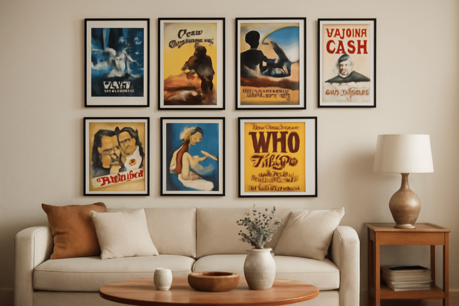 Vintage posters, Living room, Beige walls, Wooden furniture, Framed art
