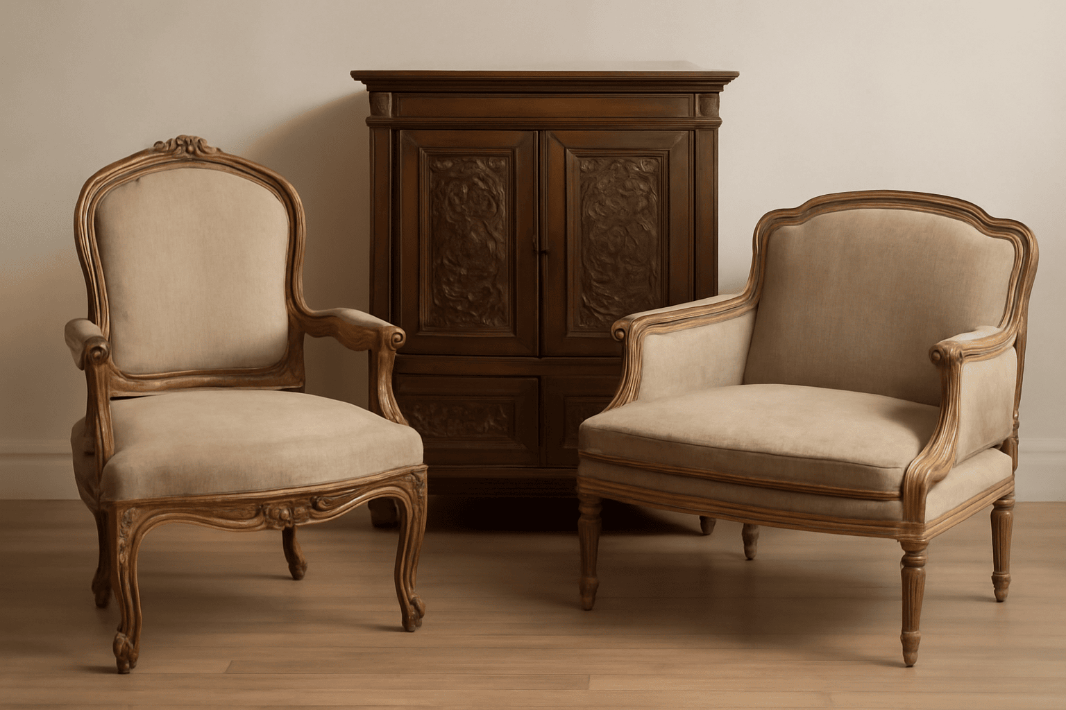 Antique French-style living room with beige chairs, brown wooden cabinet, ornate frames