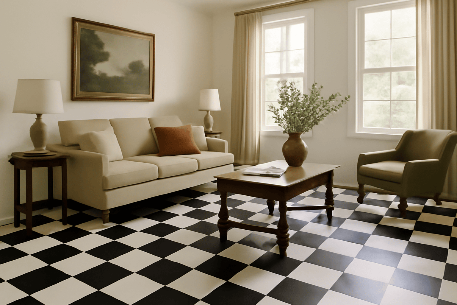  Retro checkerboard design, living room, black and white tiles, beige sofa, greenery vase