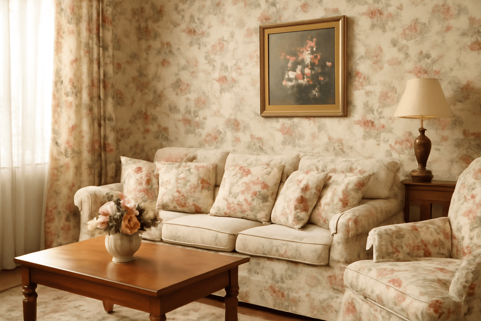 The living room features floral patterns in vintage style, with soft pastels, floral cushions, and a piece of floral artwork