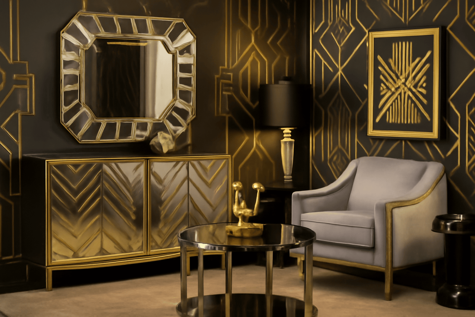 Art Deco, Geometric, Living Room, Gold, Silver, Chrome, Mirrored Sideboard, Sunburst Mirror