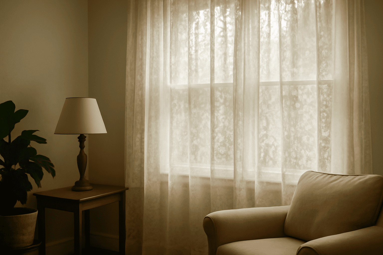 Vintage lace curtains, living room, ivory tones, soft natural light, potted plant