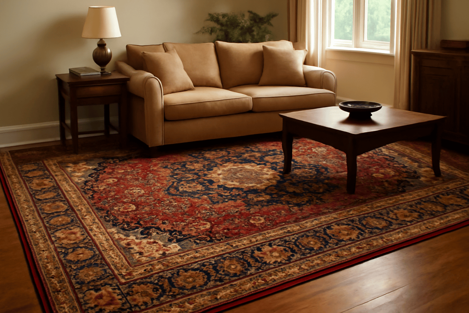 A vintage Persian rug in rich reds, blues, and gold accents a cosy living room