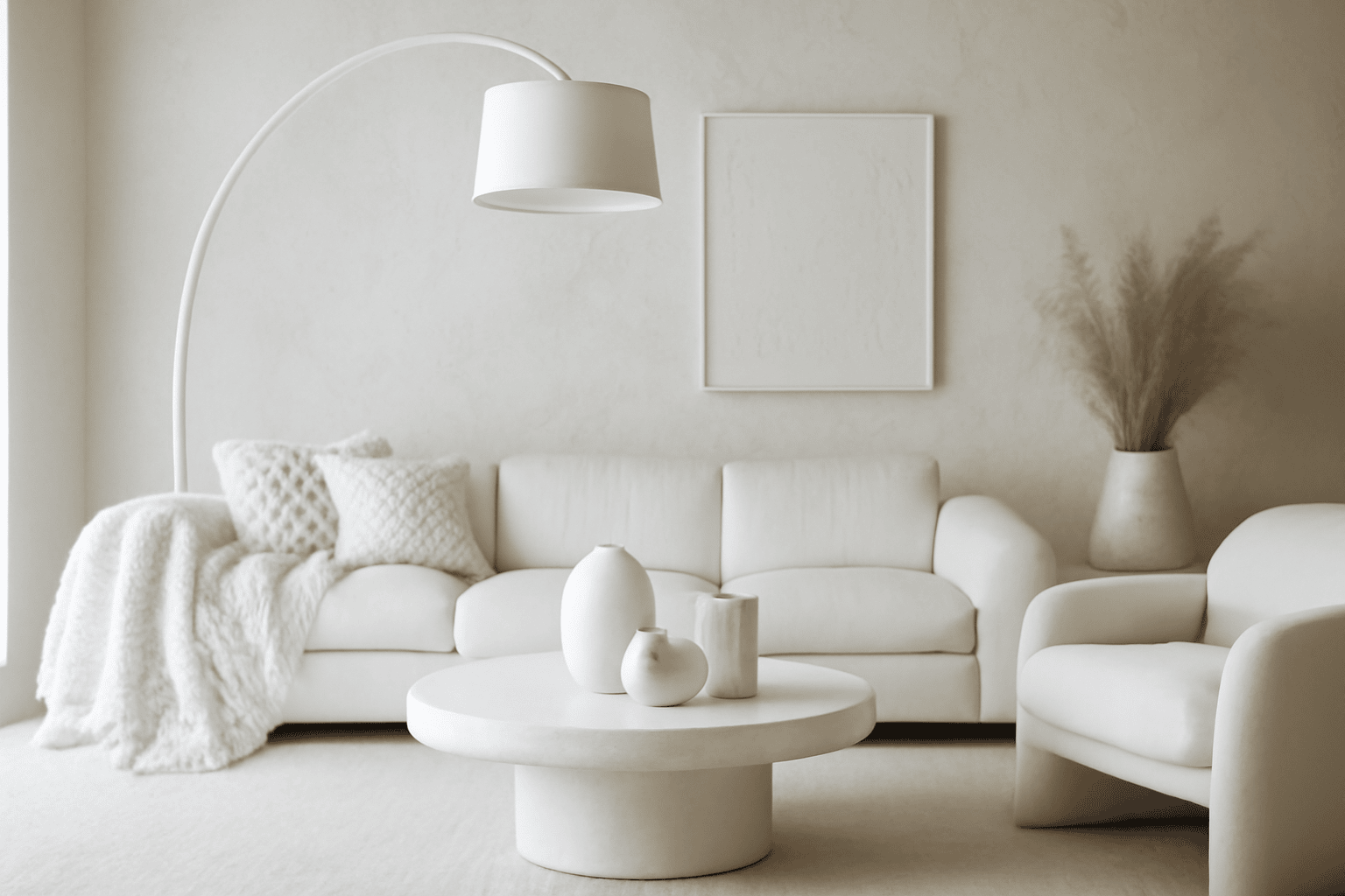 Monochrome minimalist design, white leather sofa, ceramic decor, textured walls, arched lamp