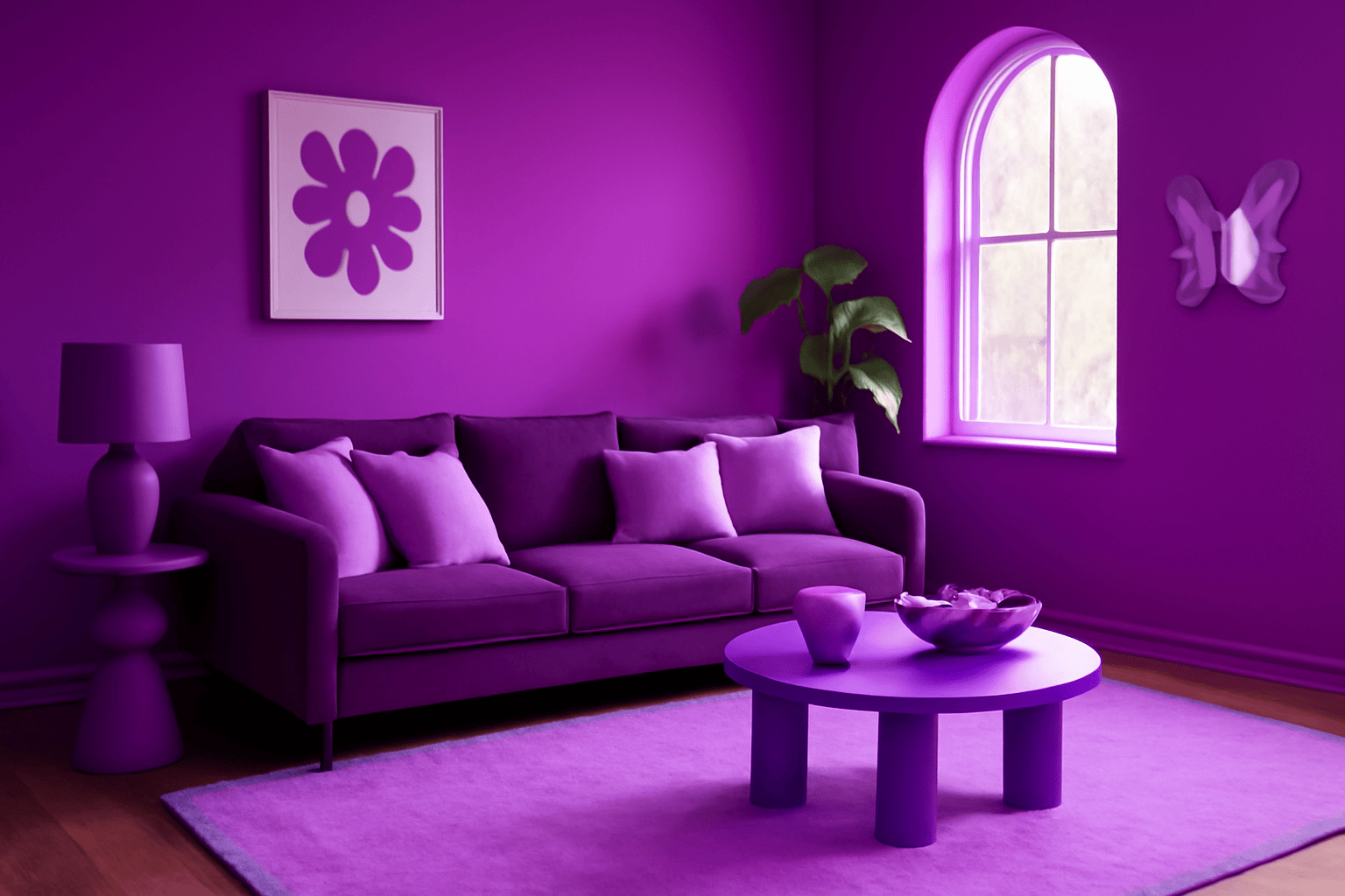 The whimsical candy purple design features a lavender sofa, purple accessories, and a butterfly mirror
