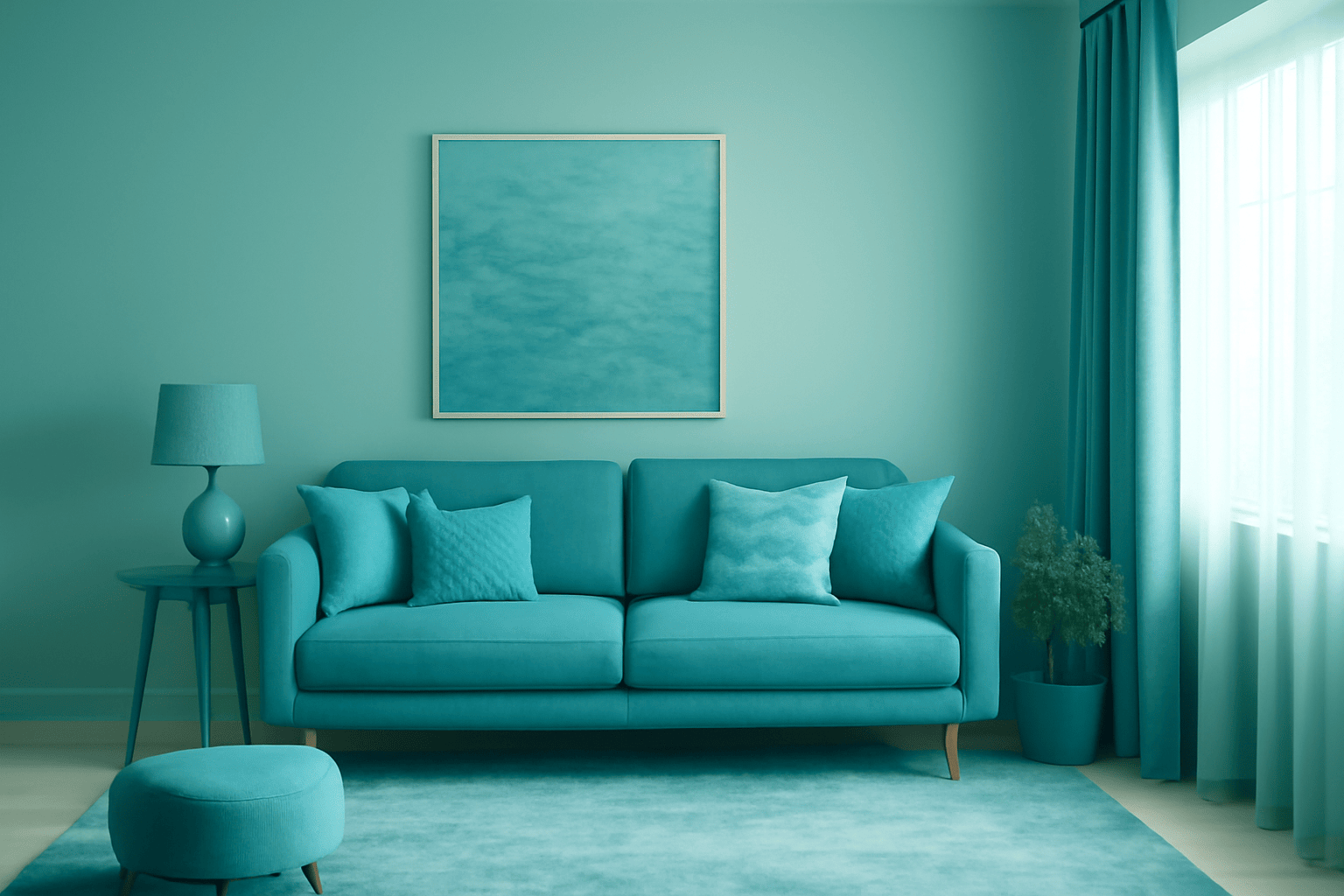 Modern design with turquoise walls, sofa, pillows, curtains, and a minimalist plant