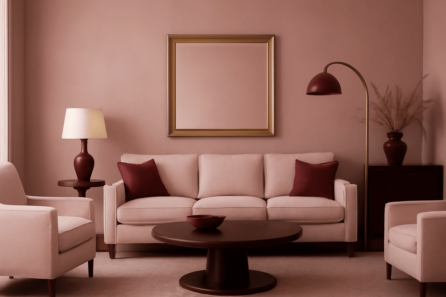 Dusty rose living room with blush furniture, maroon accents, and brass lighting