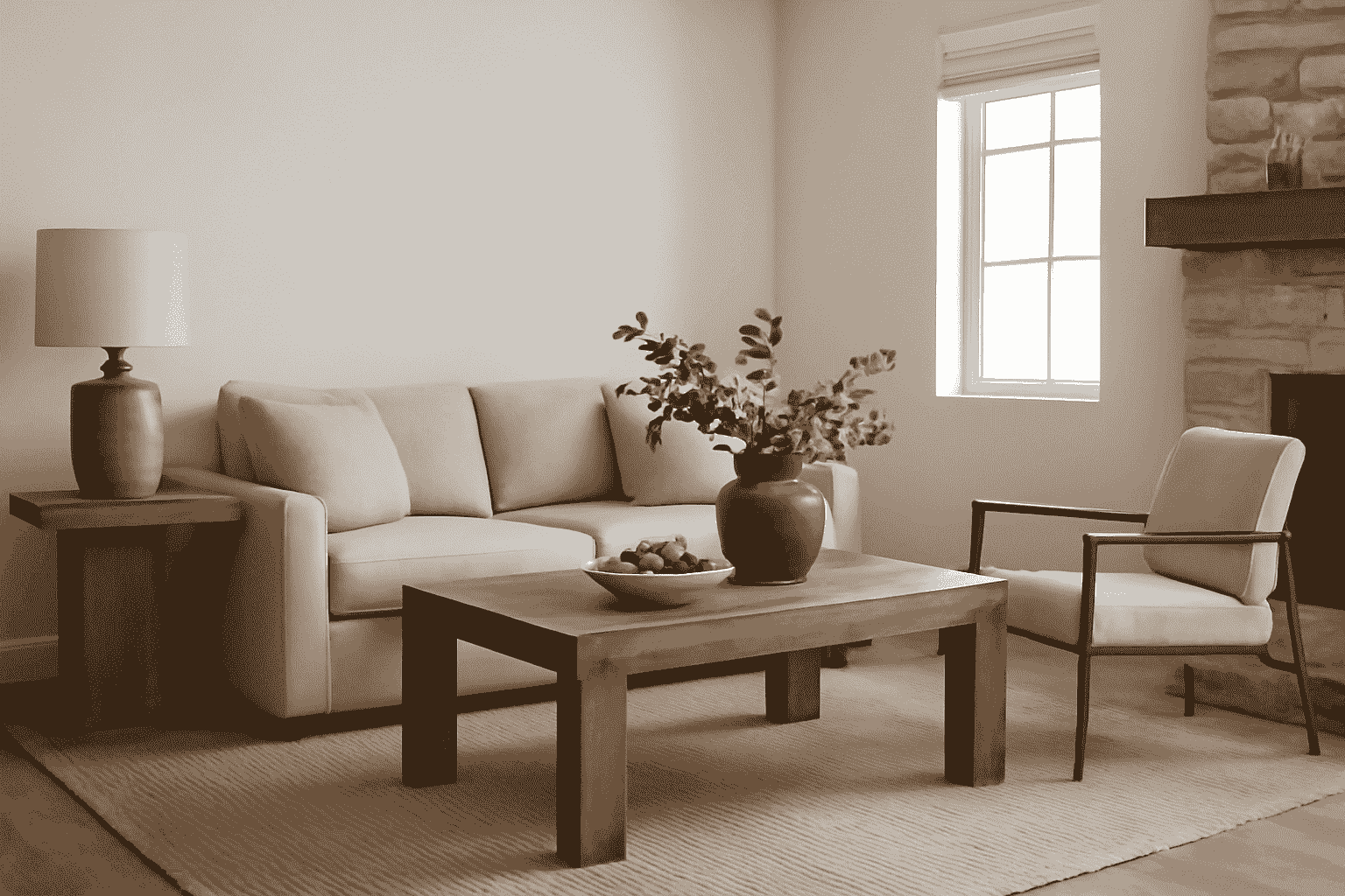 A neutral-toned living room with a beige sofa, wooden furniture, a stone fireplace, and a stylish vase with greenery