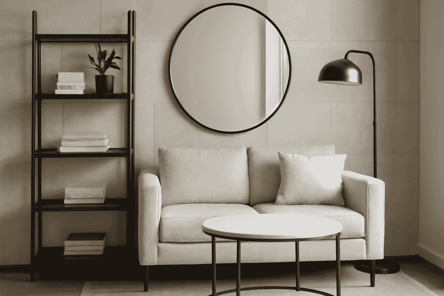 Industrial chic living room with dark metal accents, beige sofa, marble coffee table, and round mirror