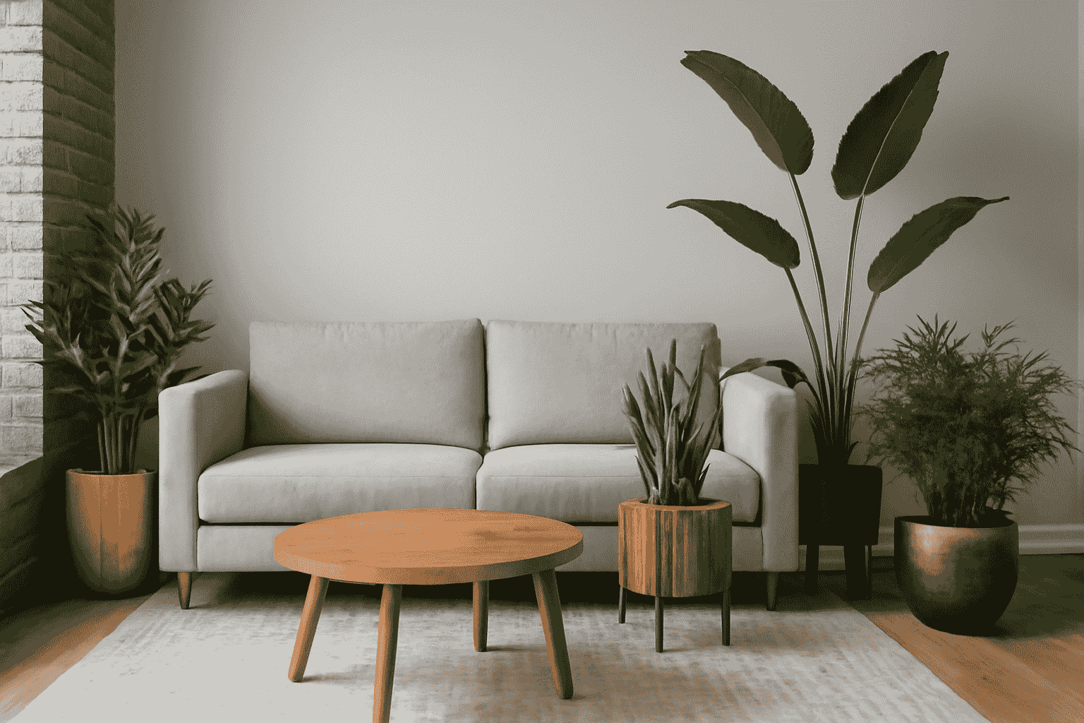 A modern living room with houseplants, neutral tones, wood, grey, green, and a wooden coffee table