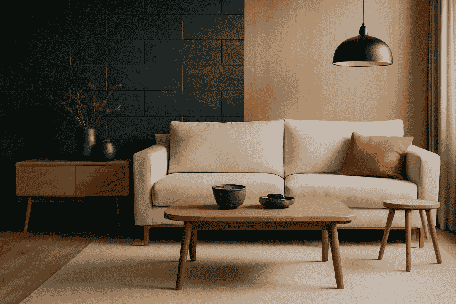 Modern living room design, warm wood, cool slate, minimalist furniture, black pendant light