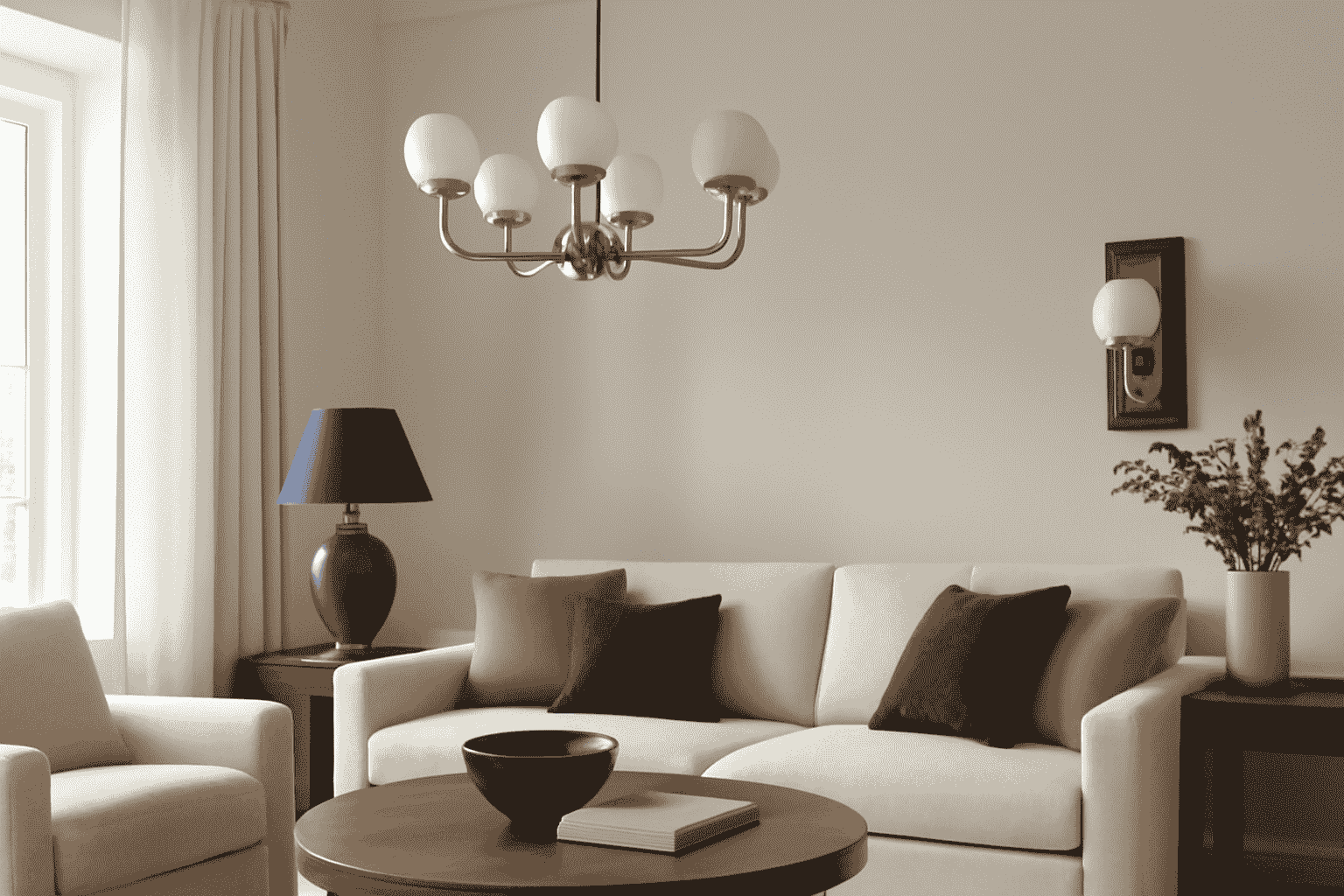 The modern living room features metallic finishes with brass, charcoal, and taupe, highlighted by a brushed brass chandelier.