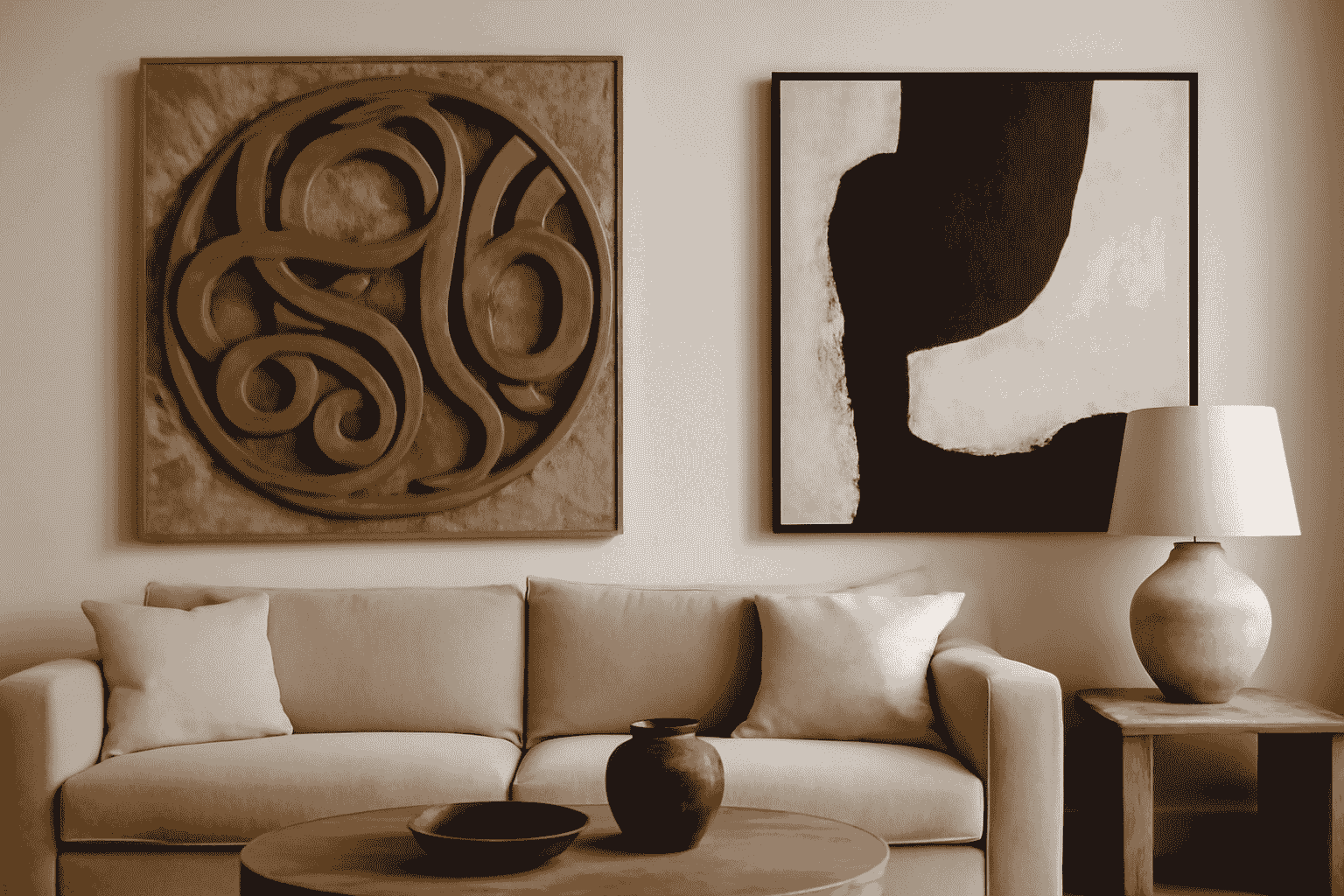 Modern living room design with wooden and metal art, neutral tones, highlighted sculpture