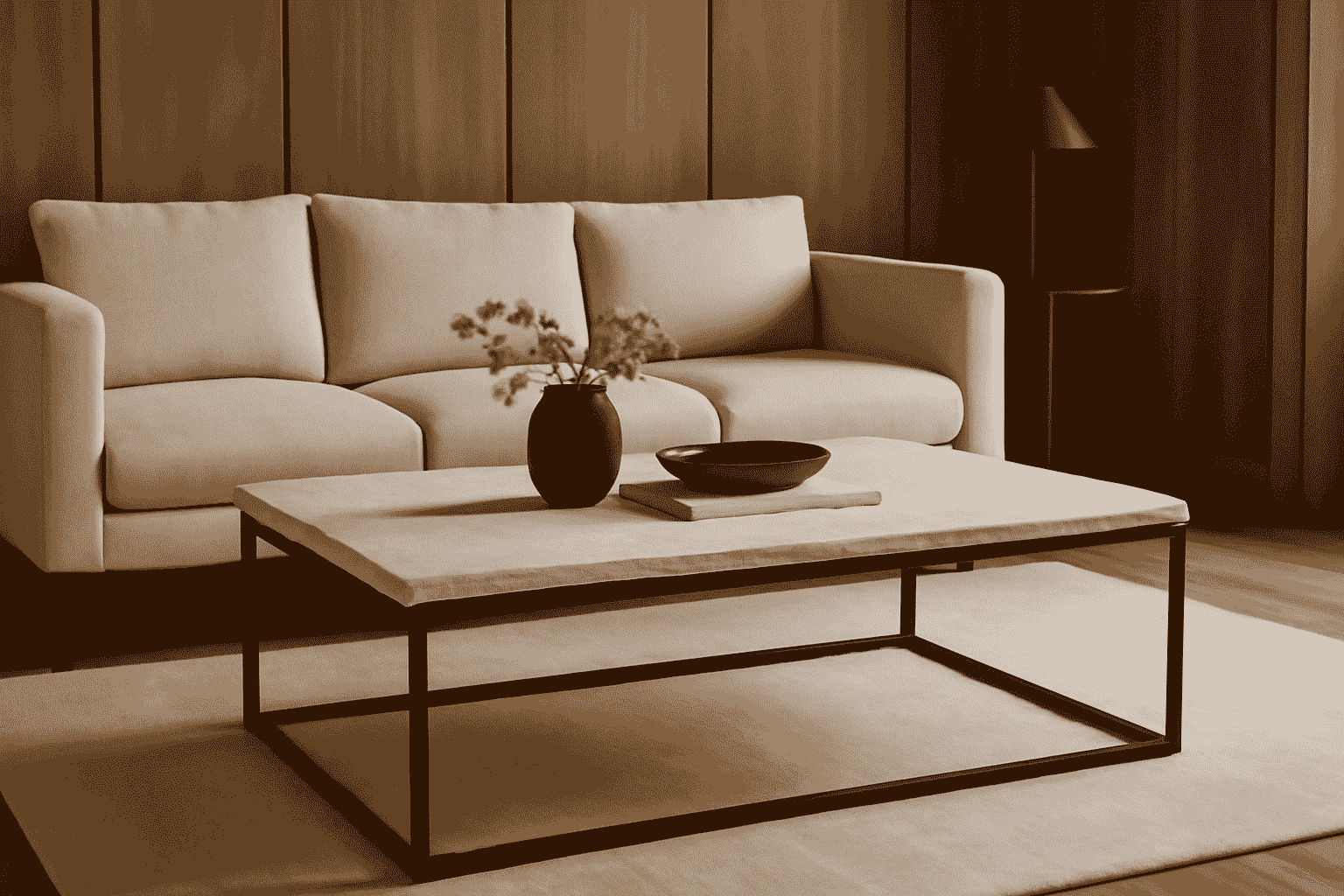 Modern design with stone and metal furniture in a living room, beige, black, and brown tones, highlighted by a sleek black vase