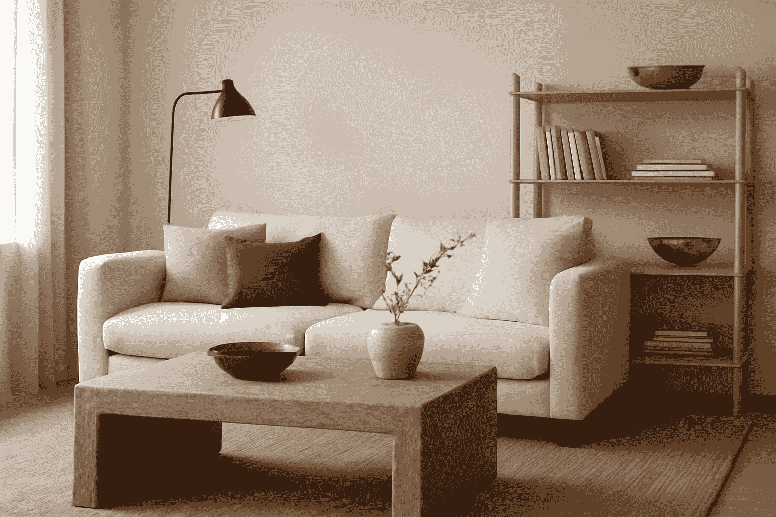 Modern minimalist design, balanced living room with off-white, beige, grey, and stone coffee table
