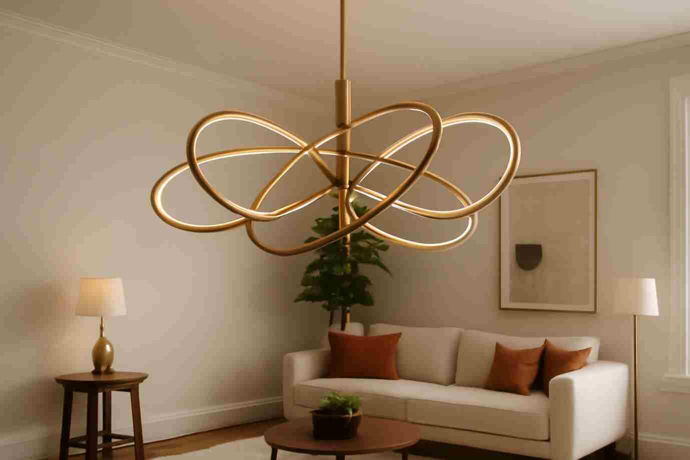 This modern living room features a sculptural gold chandelier, minimalist white sofa, and subtle earth tones